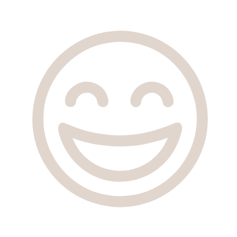 A hand-drawn, smiley face with closed eyes and a wide grin, depicted in simple beige lines on a white background, radiates the joy of Renee Hoffman Beauty's expert approach, leaving you feeling more confident.