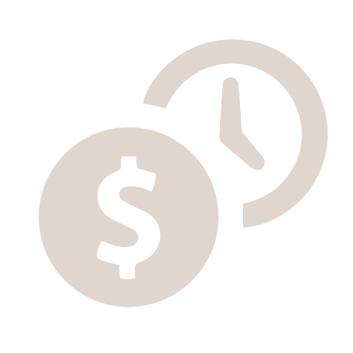 An icon featuring a dollar sign within a circle on the left and a clock with an arrow in a circle on the right, elegantly representing time and money. The design, reminiscent of Renee Hoffman Beauty’s monochromatic beige palette, subtly nods to personal styling and color analysis concepts.